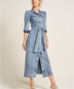 Tie-Waist Denim Midi Dress - Acid Wash