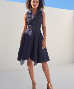 Button-Front Denim Dress - Indigo Blue