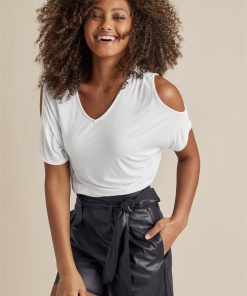 Cold-Shoulder V-Neck Top - White