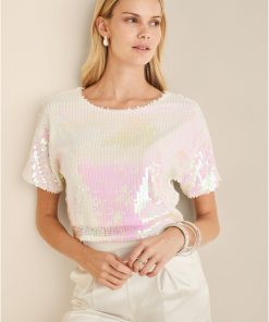 Stretch Sequin Top - Pearl White