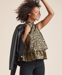 Tiered Hem Mock Neck Top - Black Multi