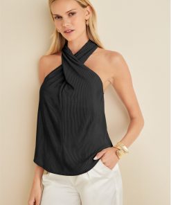 Plisse Cross Neck Tank - Jet Black