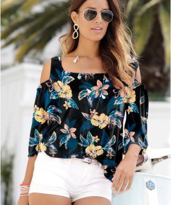 Printed Cold-Shoulder Top - Blue Multi