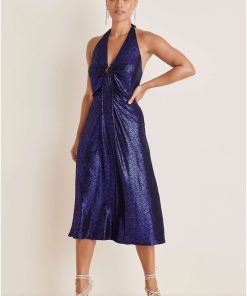 Metallic Halter Midi Dress - Deep Blue
