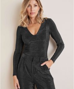 Glitter Knit V-Neck Top - Jet Black Glitter Knit