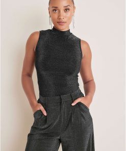 Glitter Knit Mock Neck Tank - Jet Black Glitter Knit