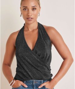 Glitter Knit Wrap Tank - Jet Black Glitter Knit