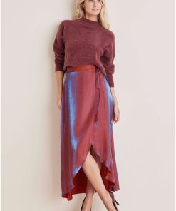 Lamé Wrap Maxi Skirt - Burgundy Lame