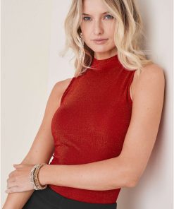 Glitter Knit Mock Neck Tank - Racing Red Glitter Knit