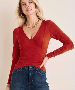Glitter Knit V-Neck Top - Racing Red Glitter Knit